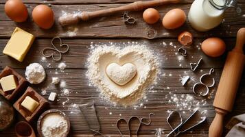 AI generated An old wooden background made of boards, with flour in the shape of a heart sprinkled on it photo