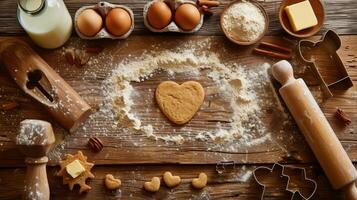 AI generated An old wooden background made of boards, with flour in the shape of a heart sprinkled on it photo