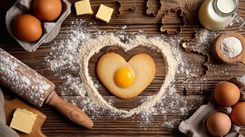 AI generated An old wooden background made of boards, with flour in the shape of a heart sprinkled on it photo