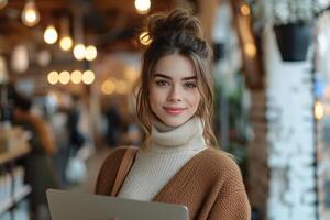 AI generated aspiring lawyer holding laptop in coffee shop photo