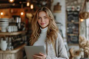 AI generated aspiring lawyer holding laptop in coffee shop photo