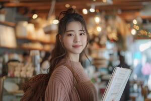 AI generated aspiring lawyer holding laptop in coffee shop photo