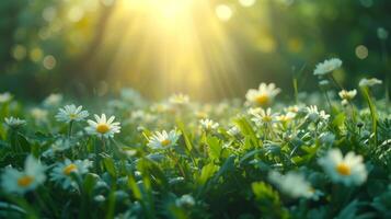 AI generated beautiful blurred background with sunlit green meadow with flowers photo