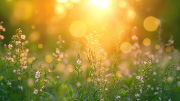 AI generated beautiful blurred background with sunlit green meadow with flowers photo