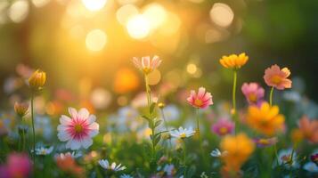 AI generated beautiful blurred background with sunlit green meadow with flowers photo