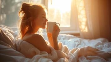 AI generated beautiful girl drinks coffee in the morning in bed photo