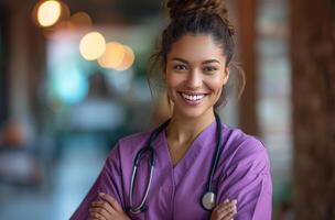 AI generated cheerful female nurse is smiling in the background with her arms crossed photo