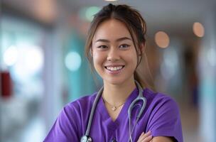 AI generated cheerful female nurse is smiling in the background with her arms crossed photo
