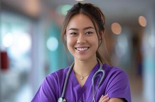 AI generated cheerful female nurse is smiling in the background with her arms crossed photo