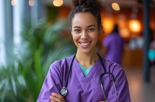 AI generated cheerful female nurse is smiling in the background with her arms crossed photo