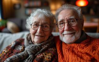 AI generated grandparents sitting on couch enjoying the good occasion photo