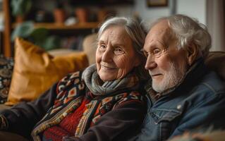 ai generado abuelos sentado en sofá disfrutando el bueno ocasión foto