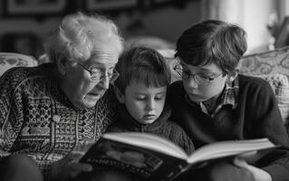 ai generado abuelos y su niños leyendo cuentos a su nieto foto