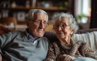 ai generado abuelos sentado en sofá disfrutando el bueno ocasión foto