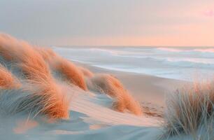 AI generated images about waves, shore, ocean, sand, grass, time lapse photo