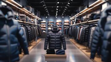 AI generated Large empty stand mockup for advertising in a store with men's jackets photo