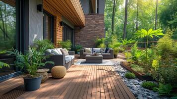 AI generated Stylish Terrace with Wood Deck Flooring photo