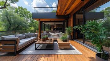 AI generated Stylish Terrace with Wood Deck Flooring photo