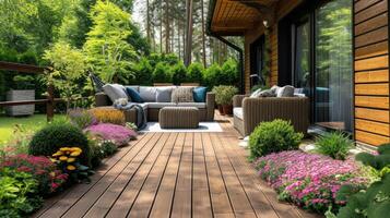 ai generado elegante terraza con madera cubierta piso foto