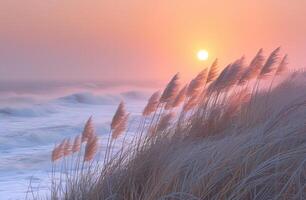 AI generated waves break over tall grasses at sunrise, dutch marine scenes photo