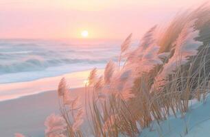 AI generated waves break over tall grasses at sunrise, dutch marine scenes photo