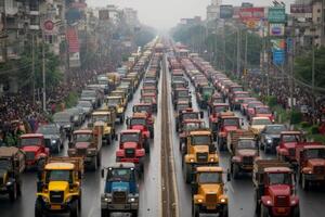 ai generado tráfico Enjambres causado por tractor protestas en el ciudad foto