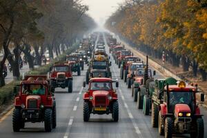ai generado tráfico Enjambres causado por tractor protestas en el ciudad foto