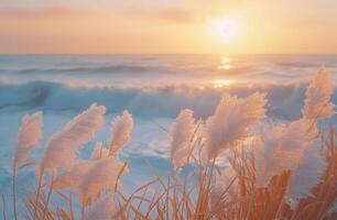 AI generated waves break over tall grasses at sunrise, dutch marine scenes photo