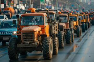 ai generado tráfico Enjambres causado por tractor protestas en el ciudad foto