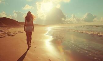 AI generated woman walking along beach on daytime happy girl photo