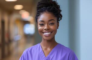 AI generated young woman in scrubs smiling photo