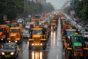 ai generado tráfico Enjambres causado por tractor protestas en el ciudad foto