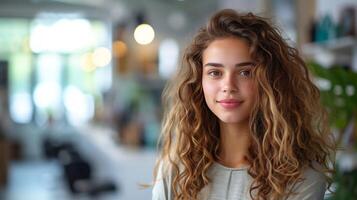 AI generated A beautiful curly woman hairdresser stands against a blurred background of a hairdressing salon. photo