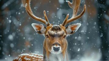 ai generado un hermosa ciervo con grande cornamenta de cerca en un Nevado bosque foto