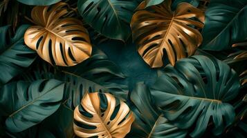 AI generated A rectangle dark green background with golden monstera leaves photo