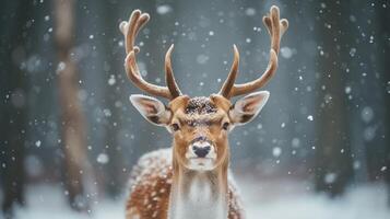 ai generado un hermosa ciervo con grande cornamenta de cerca en un Nevado bosque foto