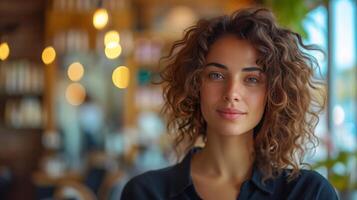 AI generated A beautiful curly woman hairdresser stands against a blurred background of a hairdressing salon. photo