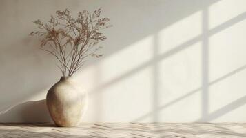 AI generated A beautiful stone minimalist vase with dried plants stands on a light wooden parquet floor. photo