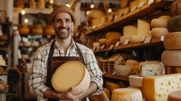 AI generated A cheese seller stands in a store and holds a large wheel of cheese. photo