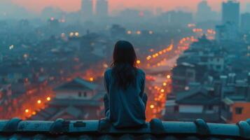 AI generated A girl sits with her back on the roof of a house. photo