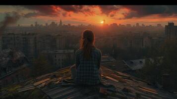 AI generated A girl sits with her back on the roof of a house. photo