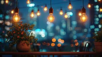 AI generated A garland of light bulbs hangs on a beautiful modern terrace. photo