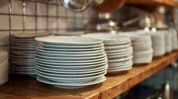 AI generated A stack of plates sit neatly on the kitchen shelf photo