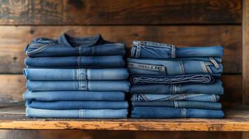 AI generated A stack of jeans and a stack of T-shirts lie side by side on a closet shelf. photo