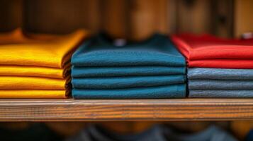 AI generated A stack of T-shirts lie side by side on a closet shelf. photo