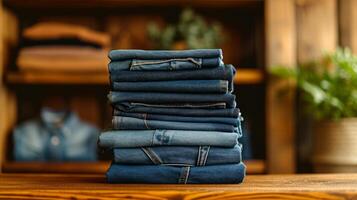 AI generated A stack of jeans and a stack of T-shirts lie side by side on a closet shelf. photo