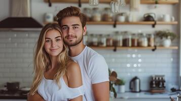 AI generated A young couple stands hugging on a  modern kitchen. photo