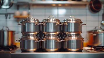 AI generated A stack of pots stand neatly on the kitchen shelf. photo