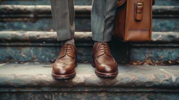 ai generado un joven hombre en un traje con un marrón cuero maletín y marrón cuero Zapatos sube el escaleras. foto