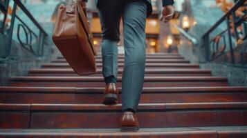 AI generated A young man in a suit with a brown leather briefcase and brown leather shoes climbs the stairs. photo